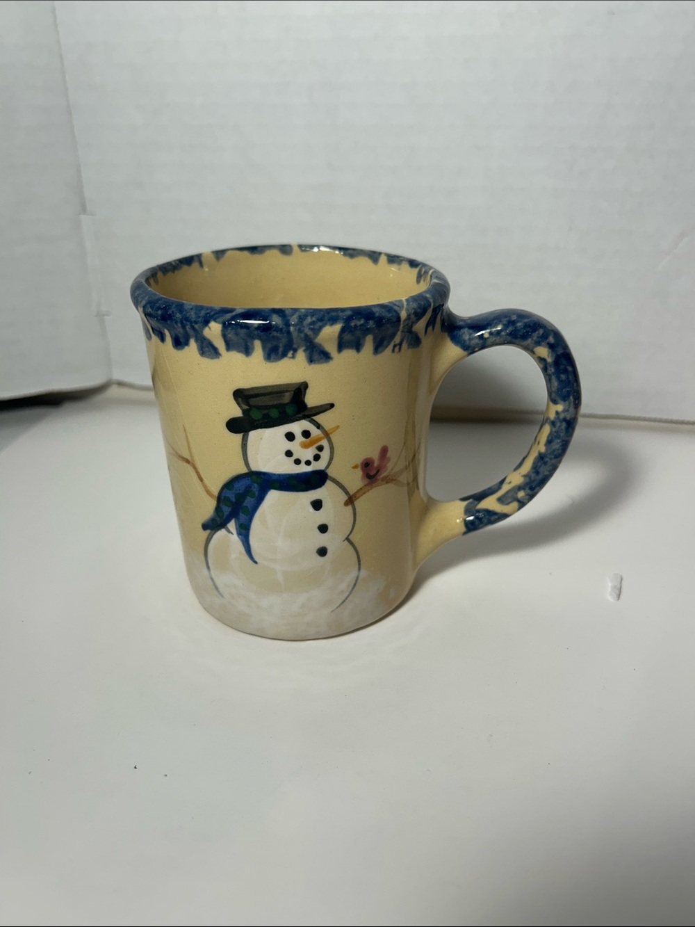 Hand-Painted Snowman Ceramic Mug in Yellow and Blue